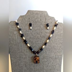 Vintage Baroque Pearl Blue Goldstone & Murano Glass Pendant Necklace & Earrings
